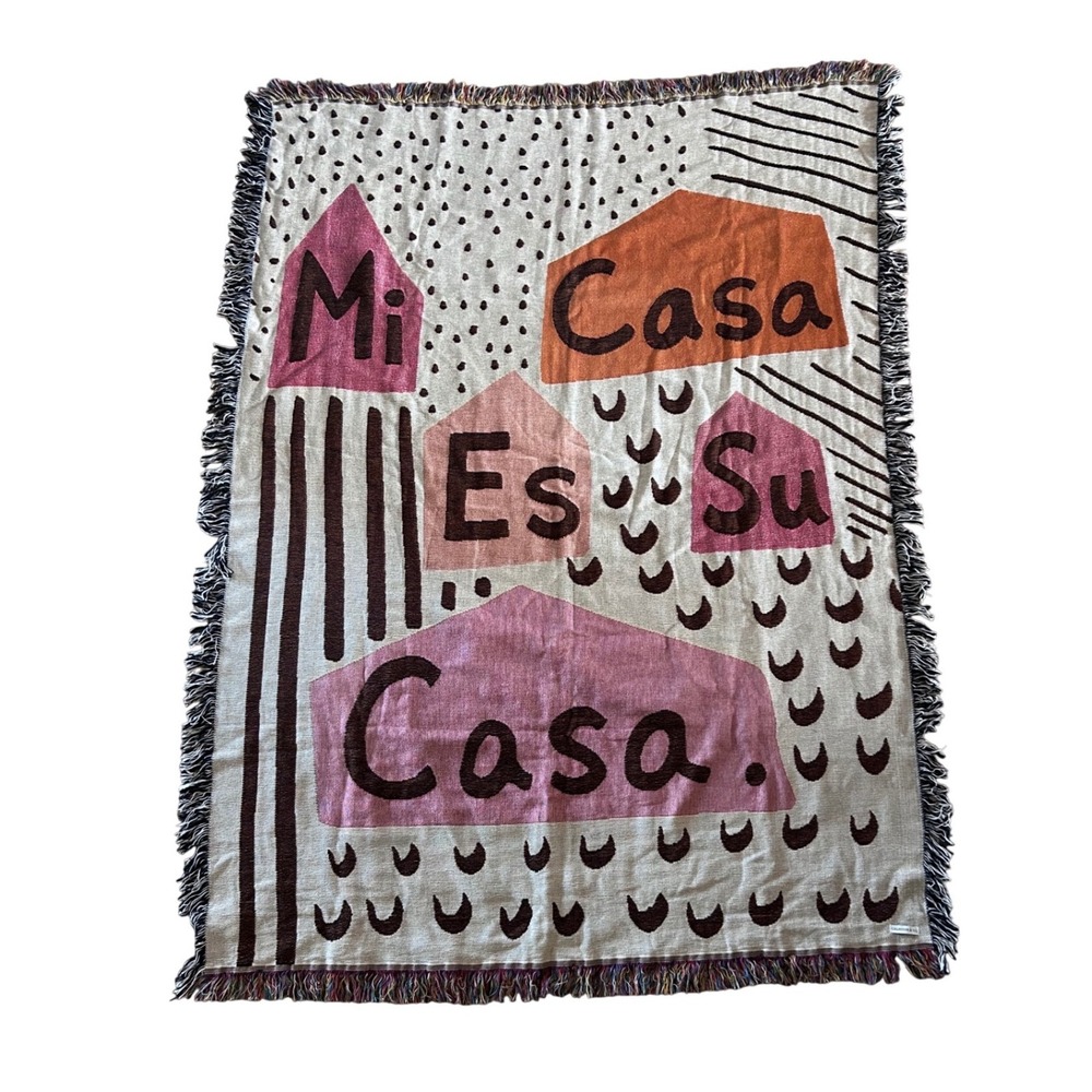 Calhoun & Co Mi Casa Es Su Casa Woven Throw Blanket Fringed Reversible 50x68
